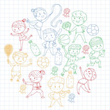 Çocuk yarışmaları spor. Genç atheles oynarken futbol, futbol, beyzbol, basketbol. Çalışan kız ve erkek. Rhythic jimnastik, artistik patinaj görüntüleri.