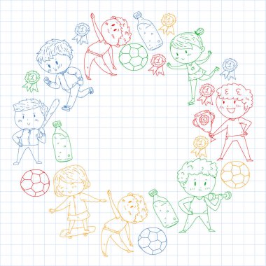 Çocuk yarışmaları spor. Genç atheles oynarken futbol, futbol, beyzbol, basketbol. Çalışan kız ve erkek. Rhythic jimnastik, artistik patinaj görüntüleri.