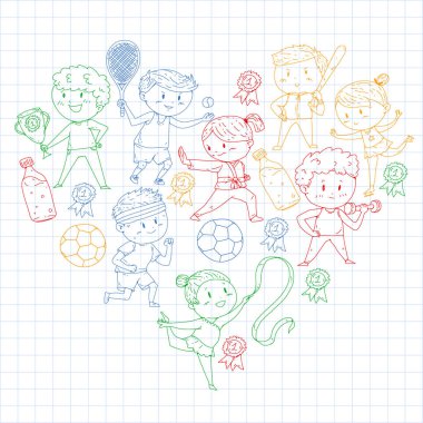 Çocuk yarışmaları spor. Genç atheles oynarken futbol, futbol, beyzbol, basketbol. Çalışan kız ve erkek. Rhythic jimnastik, artistik patinaj görüntüleri.