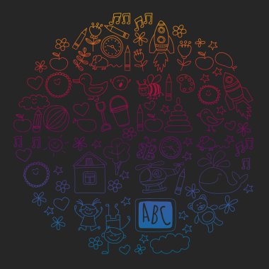 Vektör Anaokulu çocuk kümesiyle doodle. Küçük çocuk oynamak, öğrenmek, birlikte eğleniyor