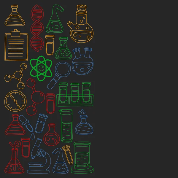 Vektor-Set von Chemie, Wissenschaft Symbole. Muster mit Bildern von Laborgeräten. — Stockvektor