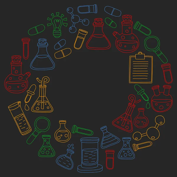 Wektor zestaw chemii, nauka ikony. Wzór z obrazami, Wyposażenie laboratorium. — Wektor stockowy