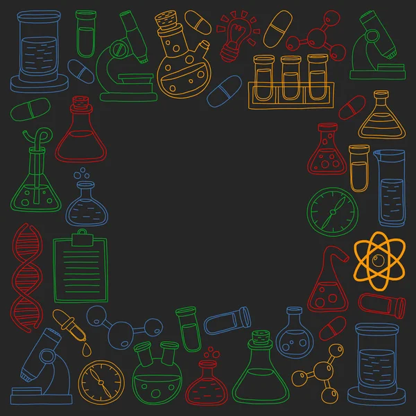Kémia, tudomány ikonok vektoros halmaza. Minta-a laboratóriumi berendezések képek. — Stock Vector