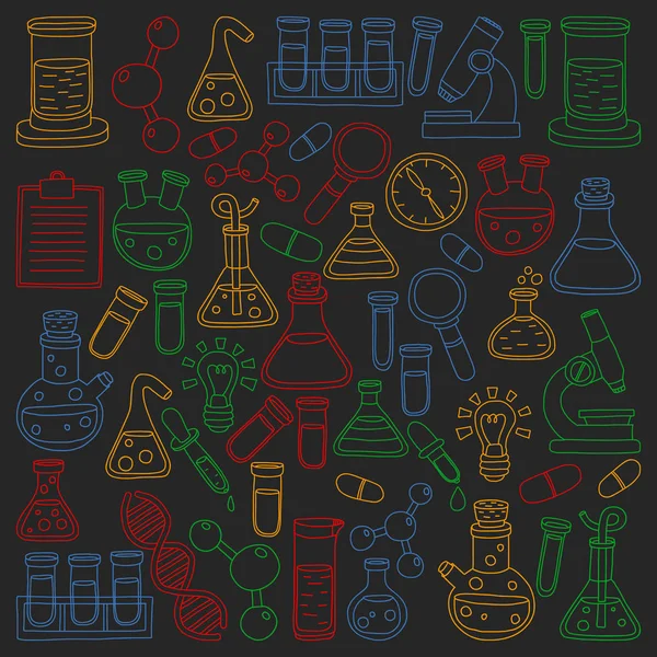 Vector set van scheikunde, science pictogrammen. Patroon met laboratorium apparatuur beelden. — Stockvector