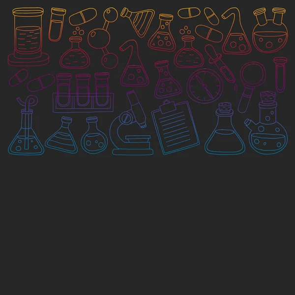 Conjunto vetorial de química, ícones científicos. Padrão com imagens de equipamentos de laboratório . —  Vetores de Stock
