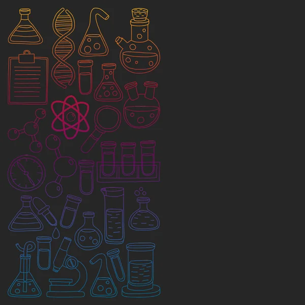 Vector set van scheikunde, science pictogrammen. Patroon met laboratorium apparatuur beelden. — Stockvector