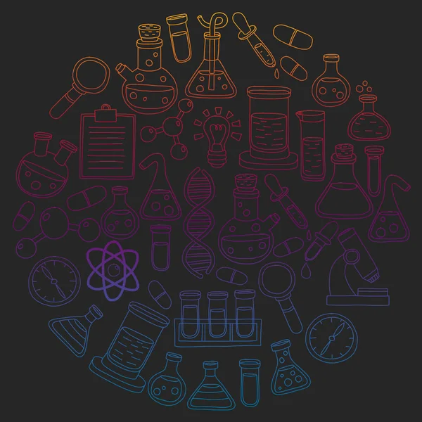 Векторный набор химии, научные иконы. Шаблон с изображениями лабораторного оборудования . — стоковый вектор