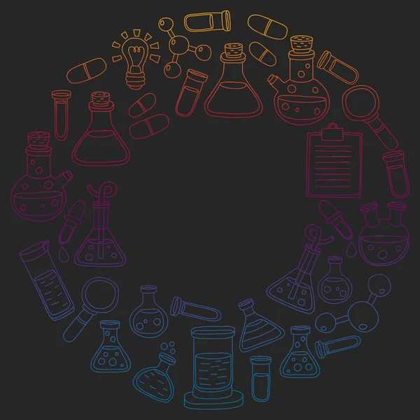 Vektor-Set von Chemie, Wissenschaft Symbole. Muster mit Bildern von Laborgeräten. — Stockvektor