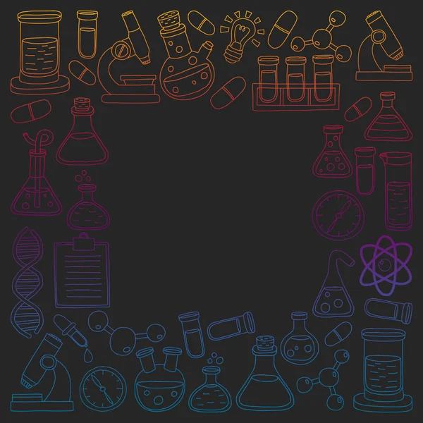 Conjunto vetorial de química, ícones científicos. Padrão com imagens de equipamentos de laboratório . —  Vetores de Stock