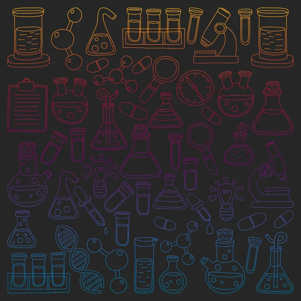 Vector set van scheikunde, science pictogrammen. Patroon met laboratorium apparatuur beelden. — Stockvector