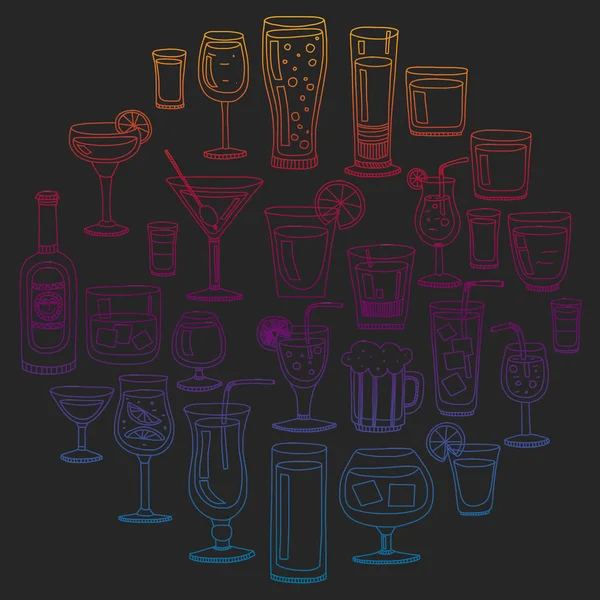 Vektör set menü için popüler kokteyller. Doodle stil ikonları.