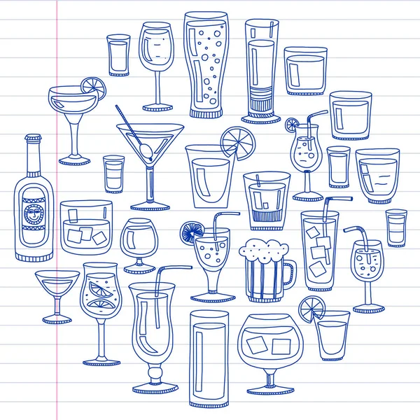 Vektör set menü için popüler kokteyller. Doodle stil ikonları.