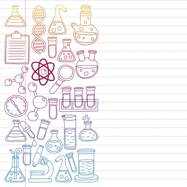 Kimya, bilim simgeler vektör kümesi. Laboratuvar Ekipmanları görüntüleri ile desen. — Stok Vektör