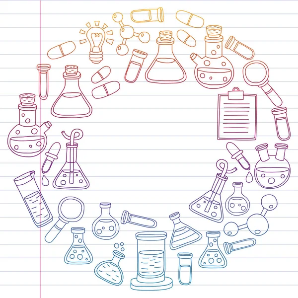 Conjunto vectorial de química, iconos científicos. Patrón con imágenes de equipos de laboratorio . — Archivo Imágenes Vectoriales