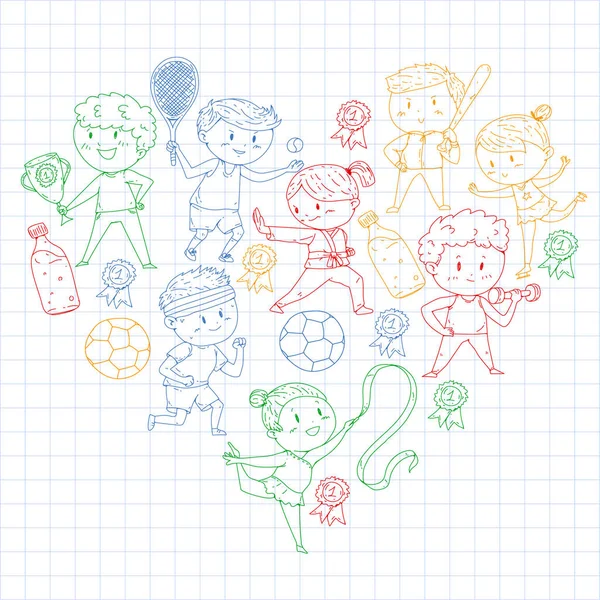 Çocuk yarışmaları spor. Genç atheles oynarken futbol, futbol, beyzbol, basketbol. Çalışan kız ve erkek. Rhythic jimnastik, artistik patinaj görüntüleri.