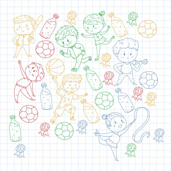 Çocuk yarışmaları spor. Genç atheles oynarken futbol, futbol, beyzbol, basketbol. Çalışan kız ve erkek. Rhythic jimnastik, artistik patinaj görüntüleri