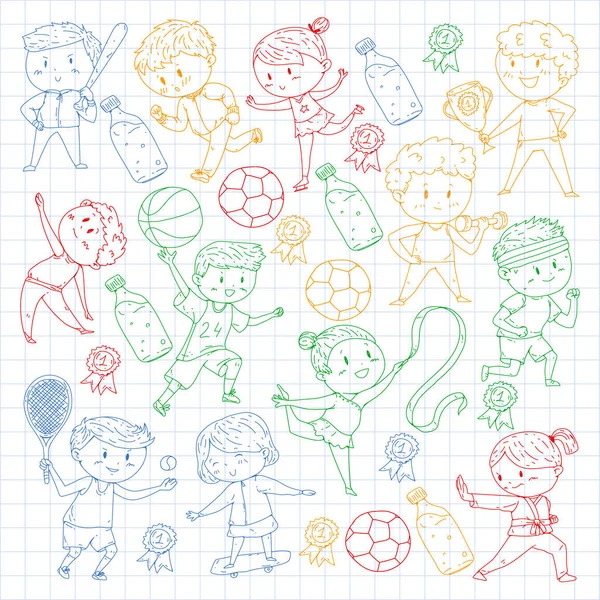 Çocuk yarışmaları spor. Genç atheles oynarken futbol, futbol, beyzbol, basketbol. Çalışan kız ve erkek. Rhythic jimnastik, artistik patinaj görüntüleri.