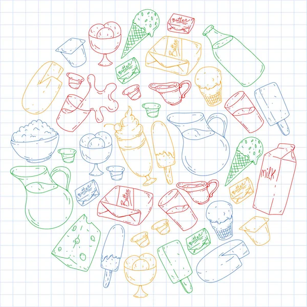 Zuivelproducten. Doodle pictogrammen. Voeding, ontbijt. Melk, yoghurt, kaas, ijs, boter. Eten van verse, gezonde voeding en gelukkig. — Stockvector