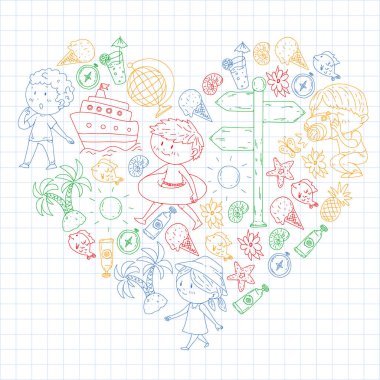 Mutlu çocuklar oynarken deniz kıyısı, plaj, deniz, okyanus. Çocuklar tatil ve seyahat. Yüzme, doodle simgeler küre, cruise gemisi, kokteyller