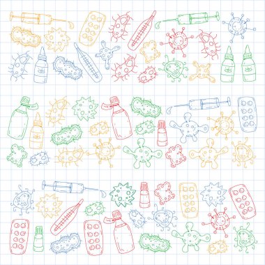 Öksürük, hap, grip, grip, hastalık. Vektör desen doodle simgeler sağlık ve tıp ile