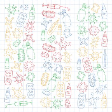 Öksürük, hap, grip, grip, hastalık. Doodle simgeler vektör desen. Sağlık ve Tıp.