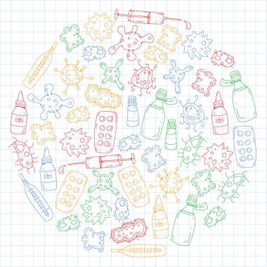 Öksürük, hap, grip, grip, hastalık. Doodle simgeler vektör desen. Sağlık ve Tıp.
