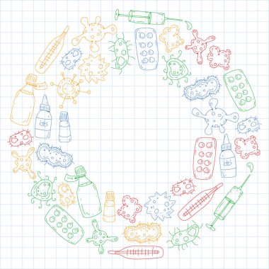 Öksürük, hap, grip, grip, hastalık. Doodle simgeler vektör desen. Sağlık ve Tıp.