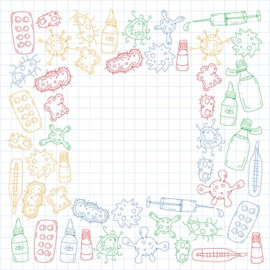 Öksürük, hap, grip, grip, hastalık. Doodle simgeler vektör desen. Sağlık ve Tıp.