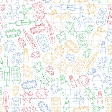 Öksürük, hap, grip, grip, hastalık. Vektör desen doodle simgeler sağlık ve tıp ile