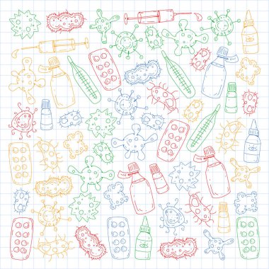 Öksürük, hap, grip, grip, hastalık. Doodle simgeler vektör desen. Sağlık ve Tıp.