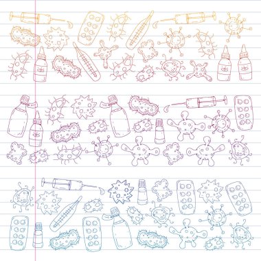 Öksürük, hap, grip, grip, hastalık. Doodle simgeler vektör desen. Sağlık ve Tıp.