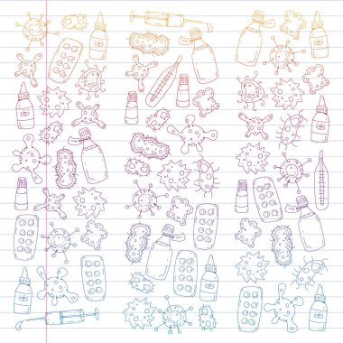 Öksürük, hap, grip, grip, hastalık. Doodle simgeler vektör desen. Sağlık ve Tıp.