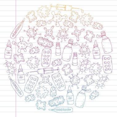 Öksürük, hap, grip, grip, hastalık. Doodle simgeler vektör desen. Sağlık ve Tıp.