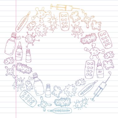 Öksürük, hap, grip, grip, hastalık. Doodle simgeler vektör desen. Sağlık ve Tıp.