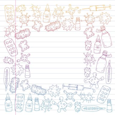 Öksürük, hap, grip, grip, hastalık. Vektör desen doodle simgeler sağlık ve tıp ile