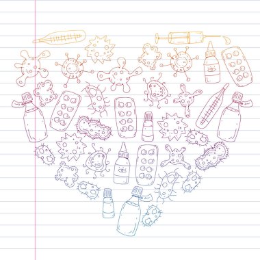 Öksürük, hap, grip, grip, hastalık. Doodle simgeler vektör desen. Sağlık ve Tıp.