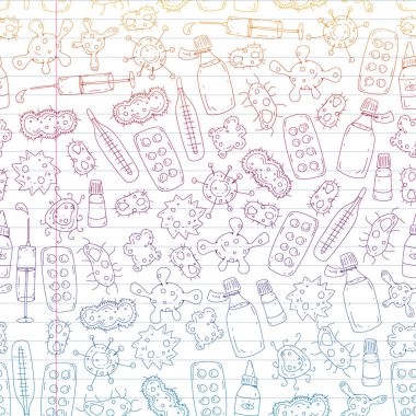 Öksürük, hap, grip, grip, hastalık. Doodle simgeler vektör desen. Sağlık ve Tıp.