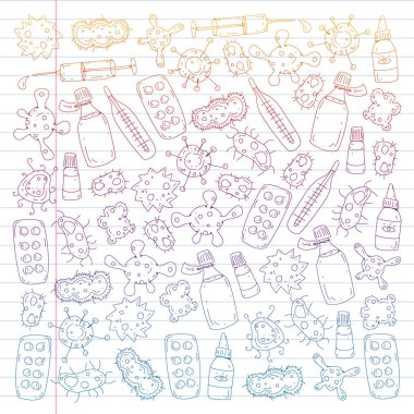 Öksürük, hap, grip, grip, hastalık. Doodle simgeler vektör desen. Sağlık ve Tıp.