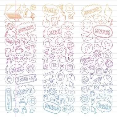 Sosyal medya ve ekip çalışması simgeler. Doodle görüntüler. Yönetimi, iş, Infographic.