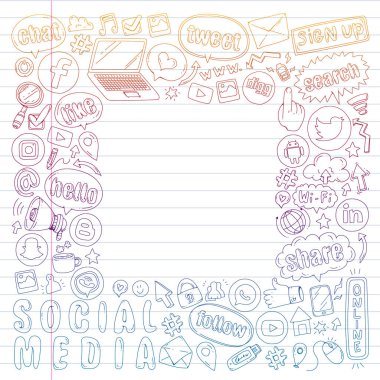 Sosyal medya ve ekip çalışması simgeler. Doodle görüntüler. Yönetimi, iş, Infographic.