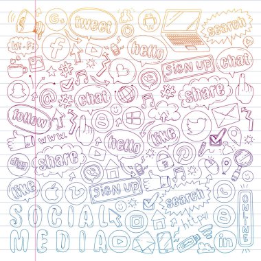 Sosyal medya ve ekip çalışması simgeler. Doodle görüntüler. Yönetimi, iş, Infographic.