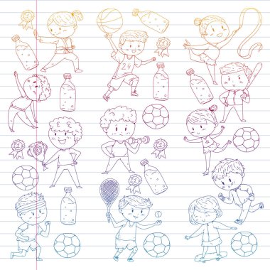 Çocuk yarışmaları spor. Genç atheles oynarken futbol, futbol, beyzbol, basketbol. Çalışan kız ve erkek. Rhythic jimnastik, artistik patinaj görüntüleri.