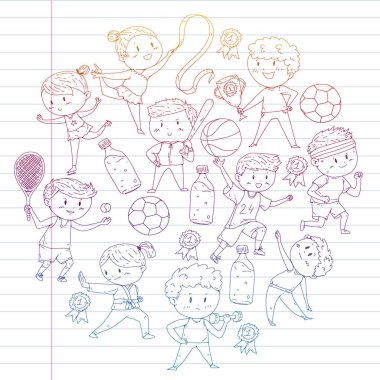 Çocuk yarışmaları spor. Genç atheles oynarken futbol, futbol, beyzbol, basketbol. Çalışan kız ve erkek. Rhythic jimnastik, artistik patinaj görüntüleri.