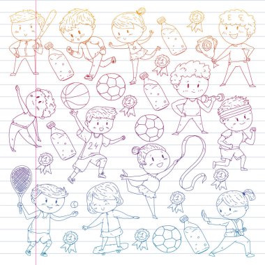 Çocuk yarışmaları spor. Genç atheles oynarken futbol, futbol, beyzbol, basketbol. Çalışan kız ve erkek. Rhythic jimnastik, artistik patinaj görüntüleri.