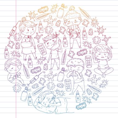 Çocuk Tıp Merkezi. Sağlık illüstrasyon. Küçük çocuklar, enfeksiyon, ateş, soğuk, virüs, hastalık ile doodle simgeler.