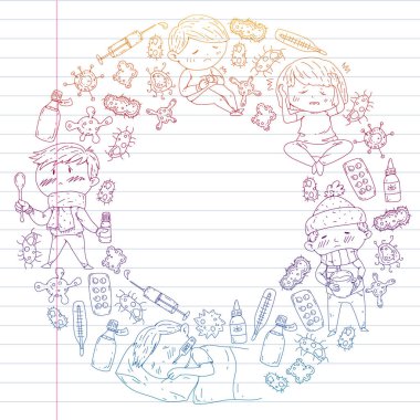 Çocuk Tıp Merkezi. Sağlık illüstrasyon. Küçük çocuklar, enfeksiyon, ateş, soğuk, virüs, hastalık ile doodle simgeler.