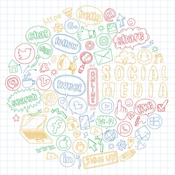 Mídia social e ícones de trabalho em equipe. Imagens de rabiscos. Gestão, negócios, infográfico . — Vetor de Stock