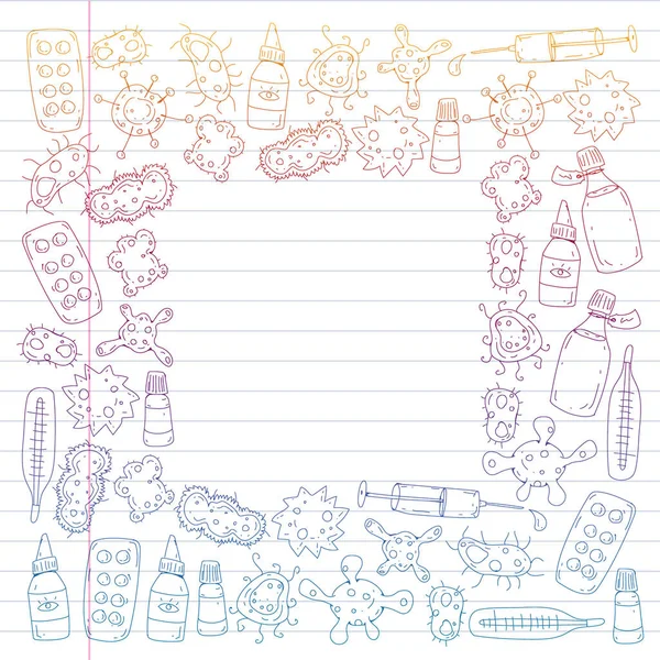 Öksürük, hap, grip, grip, hastalık. Vektör desen doodle simgeler sağlık ve tıp ile