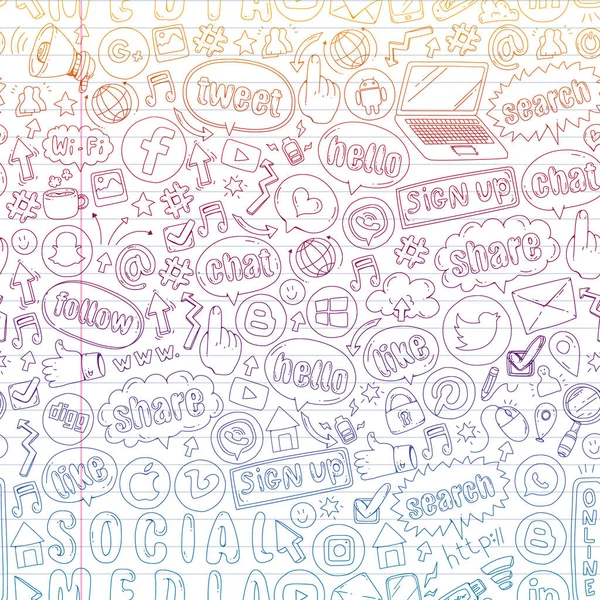 Iconos de redes sociales y trabajo en equipo. Doodle imágenes. Gestión, negocios, infografía . — Archivo Imágenes Vectoriales