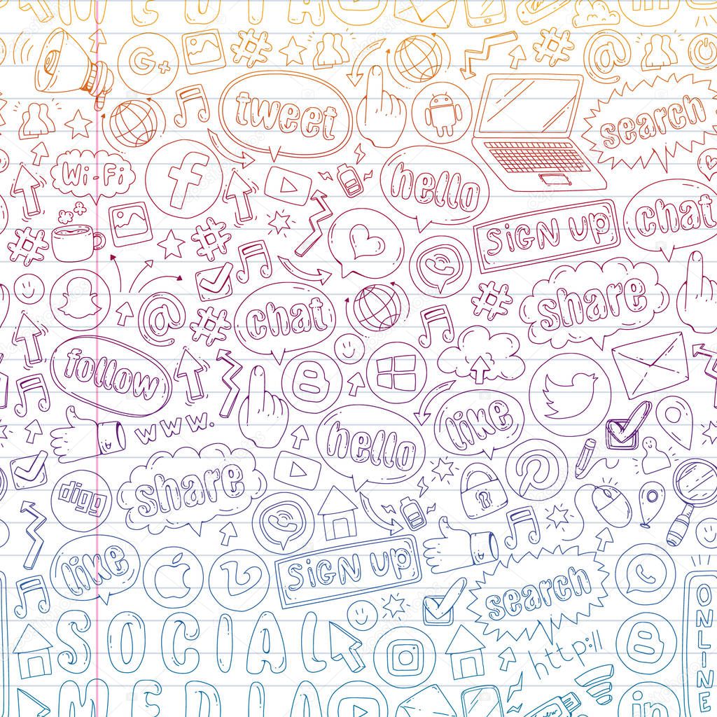 Social media and teamwork icons. Doodle images. Management, business, infographic.